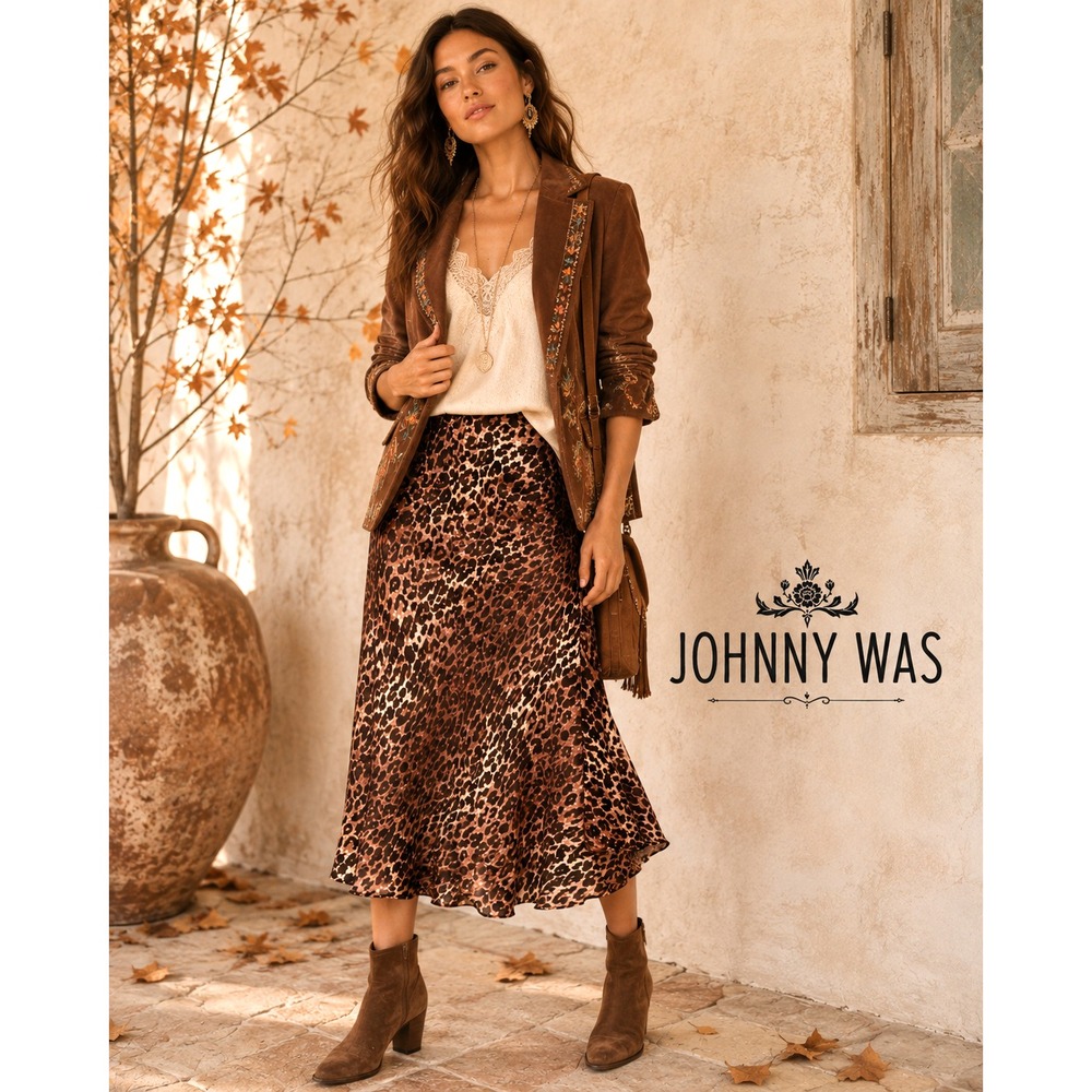 Johnny Was Leopard 100% Silk Boho Chic Quiet Luxury Old Money Midi Skirt L